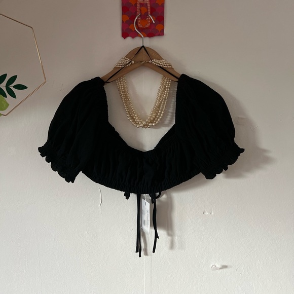 NWT Bittersweet black crop top sz L drawstring peasant puff sleeve topper - Picture 4 of 12